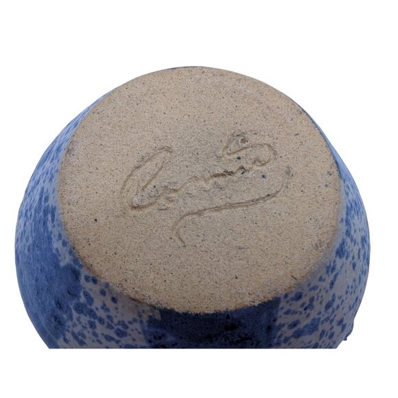 Studio Pottery Blue Speckled Ceramic Pot With Dolphin Handles Signed Base 5" X 6 - Picture 4 of 10